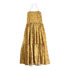 Handmade Chartreuse Floral Midi Dress Lace-Up Back Cottagecore Boho